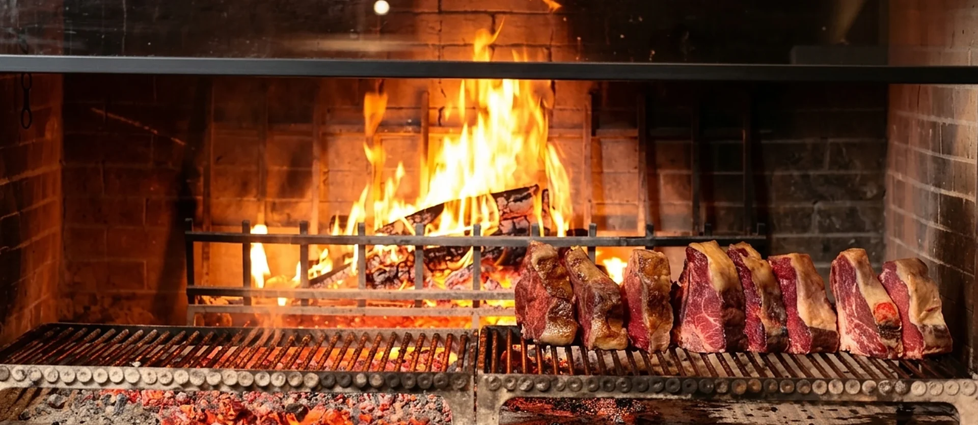 Costate e fiorentine frollate sulla griglia del caminetto acceso del Ristorante Nonna Pina
