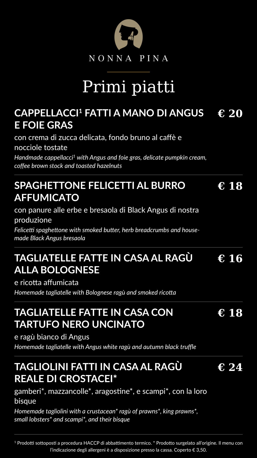 Menu monitor sala: Primi piatti
