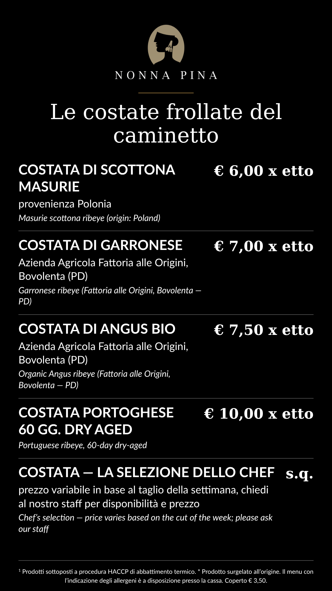 Menu monitor sala: Le costate frollate del caminetto