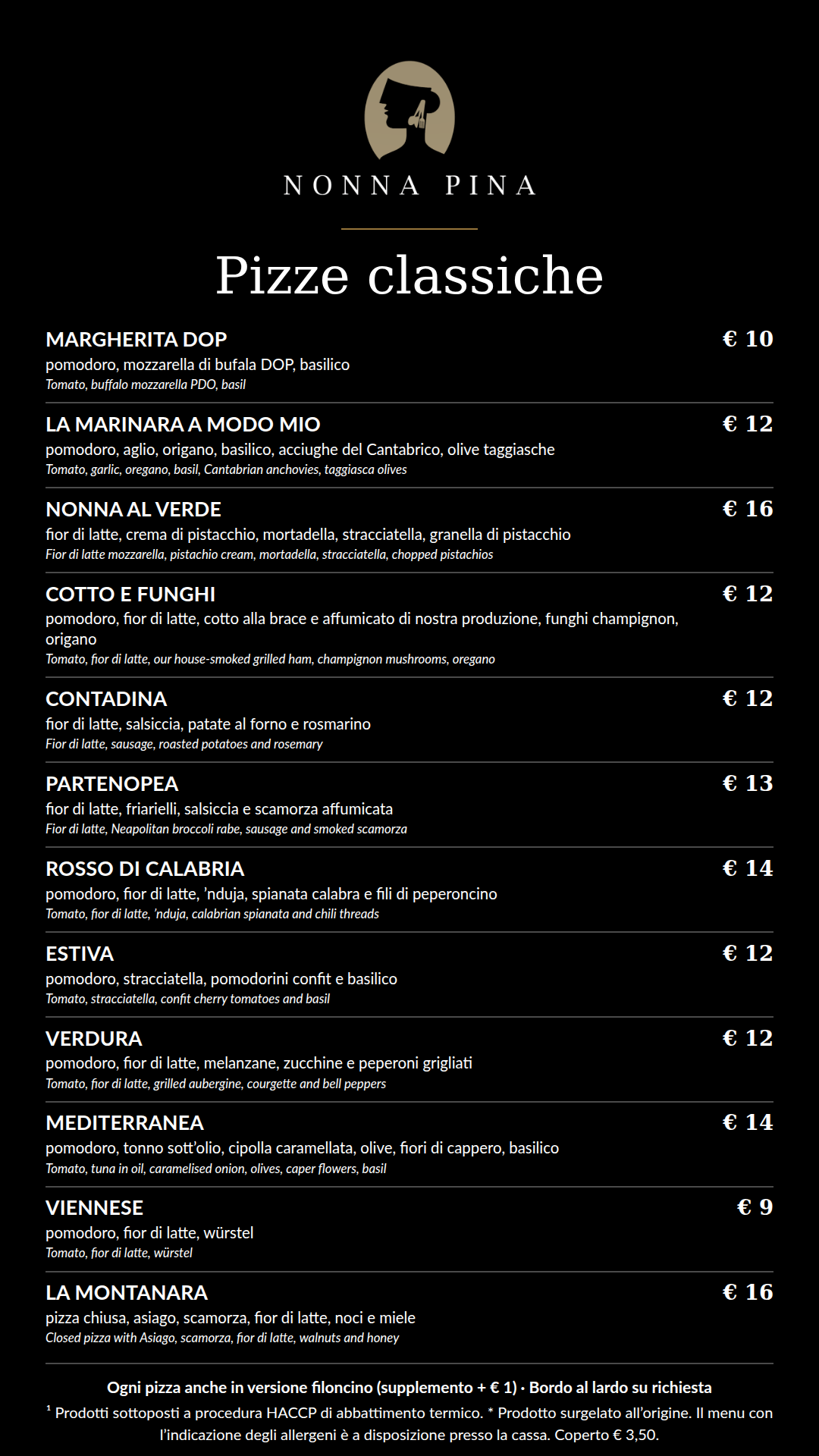 Menu monitor sala: Pizze classiche