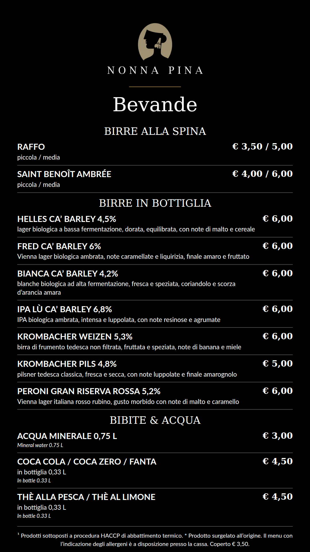 Menu monitor sala: Bevande