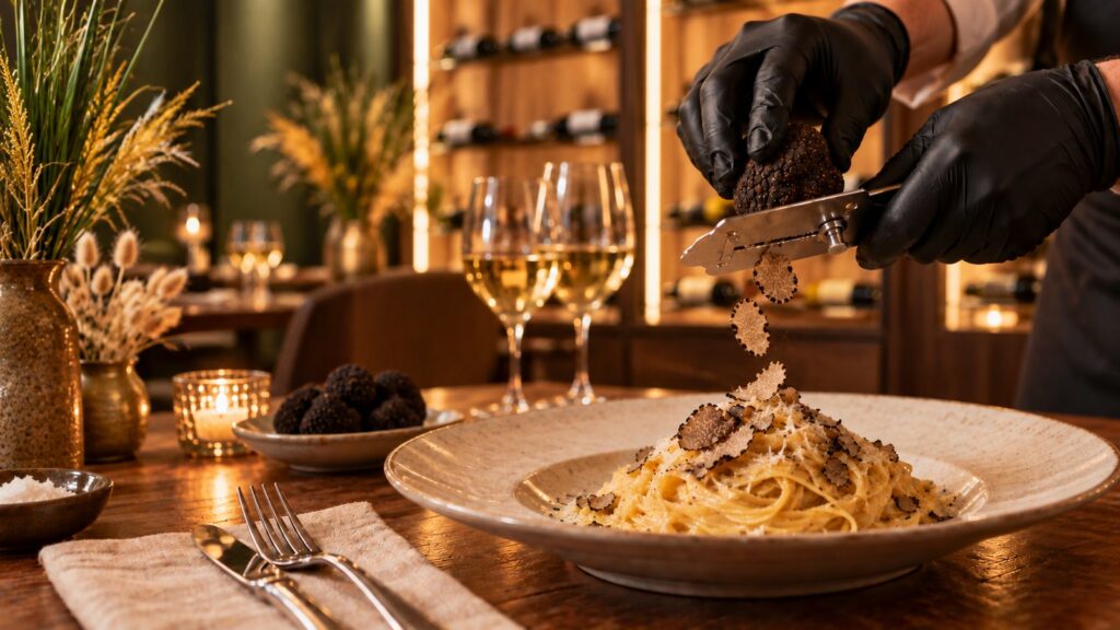 Tagliolini al tartufo nero affettato al momento sul piatto